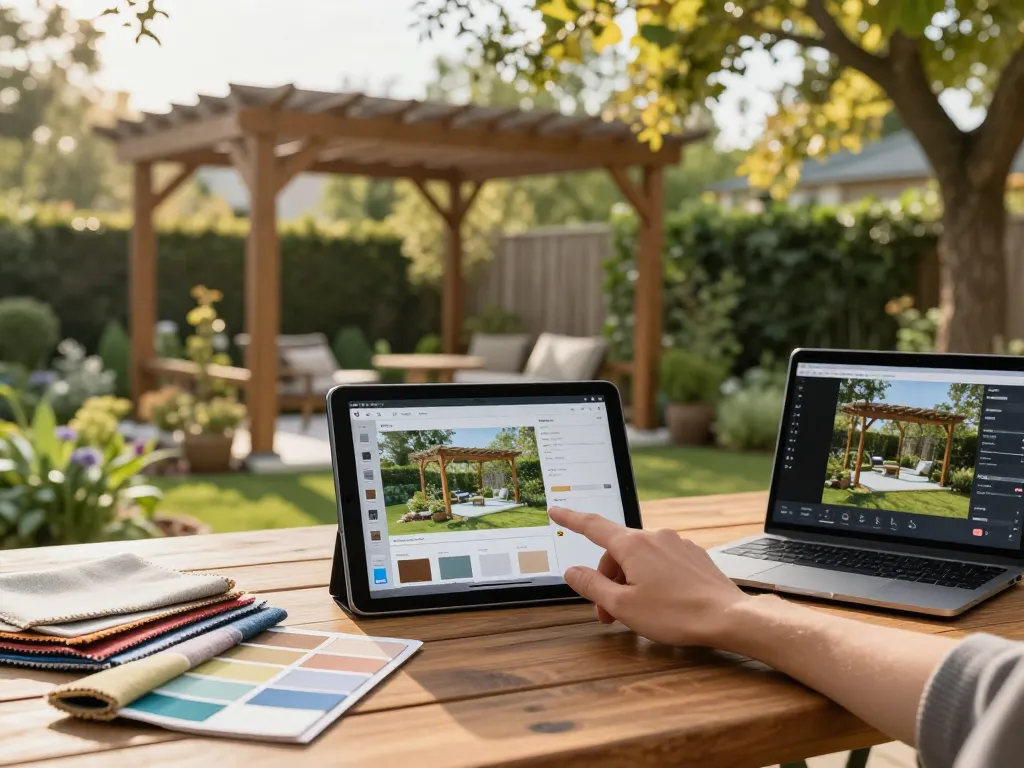 Interaktive Pergola Konfigurator-Erfahrung mit digitalem Tablet und 3D-Visualisierung in einem schönen Garten.