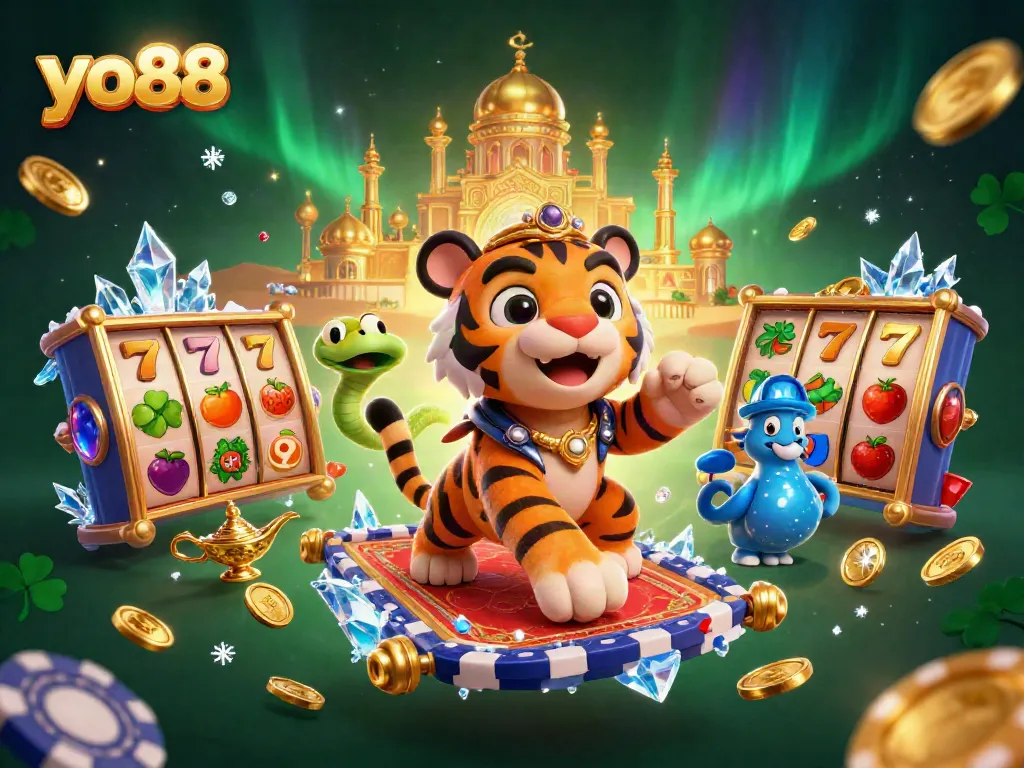 Spin to victory with yo88's vibrant 3D gaming scene filled with slots and golden treasures.