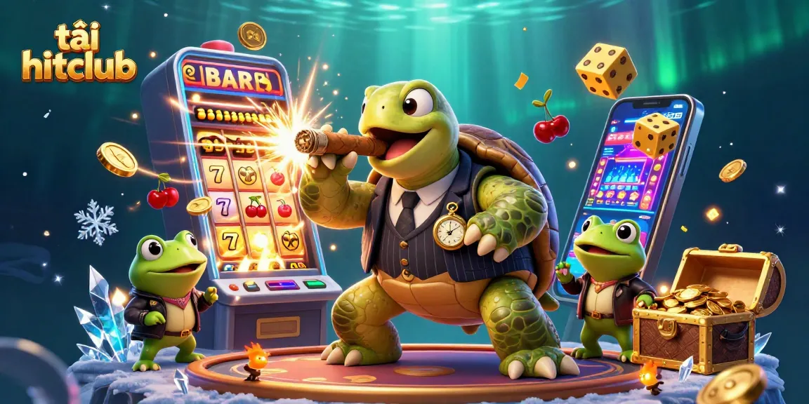 Experience excitement at tải hitclub with a cartoon turtle and enforcers by a slot machine.