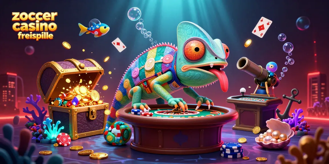 Erlebe Zoccer Casino Freispiele mit einem Chamäleon-Casino-Besitzer, der goldene Münzen fängt und aufregende Spielszenen bietet.