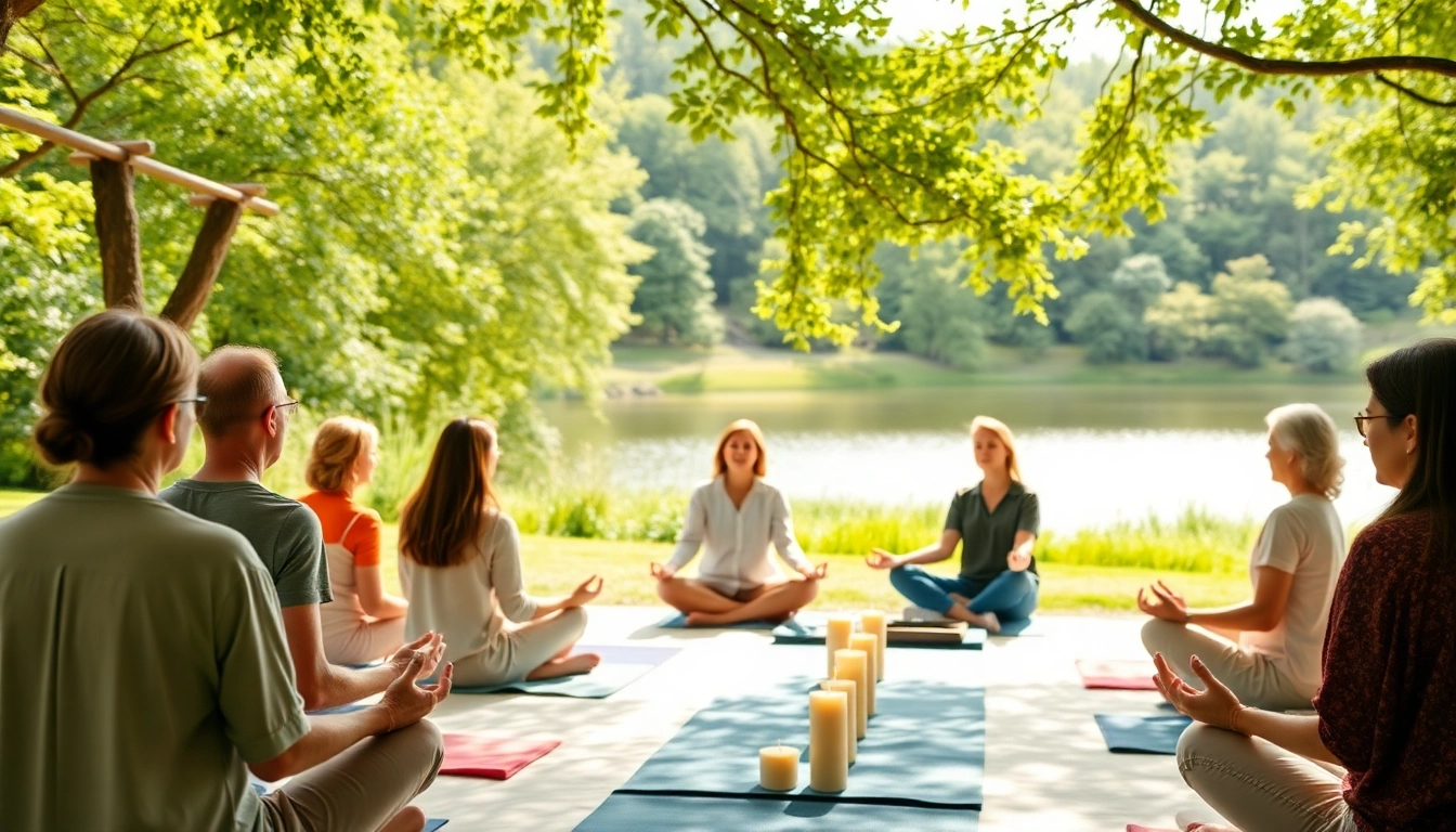 Spirituelle Seminare in einem harmonischen, naturverbundenen Setting mit meditierenden Teilnehmern.