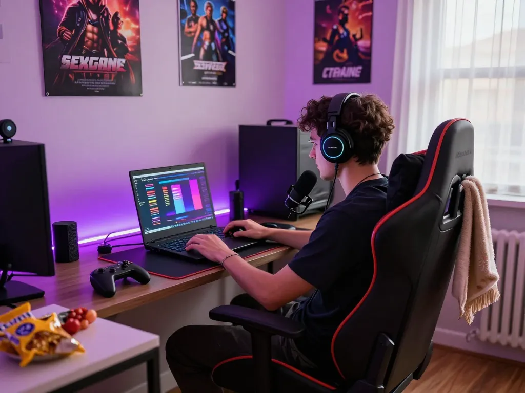 Engaging player enjoying popular sexgames in a cozy bedroom with colorful decor and gaming gear