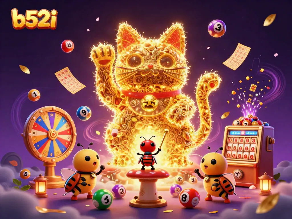 Engage with b52i's vibrant casino universe featuring a lucky cat and dynamic lottery elements.