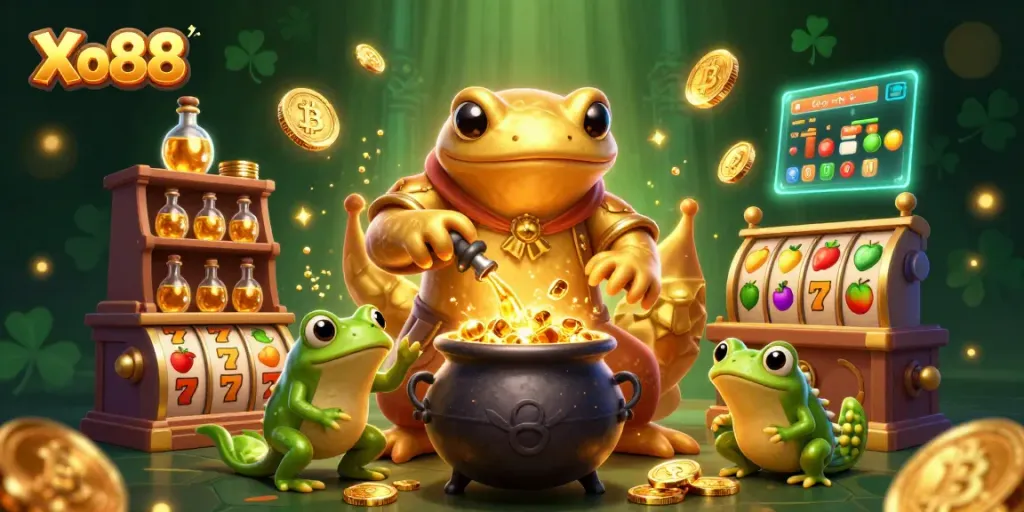 Xo88 showcases vibrant slot reels and golden alchemical transformations in a captivating scene.