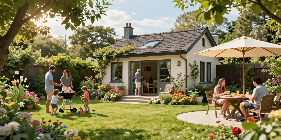Garten Haus in einem einladenden Garten mit Familienaktivitäten und blühenden Pflanzen.