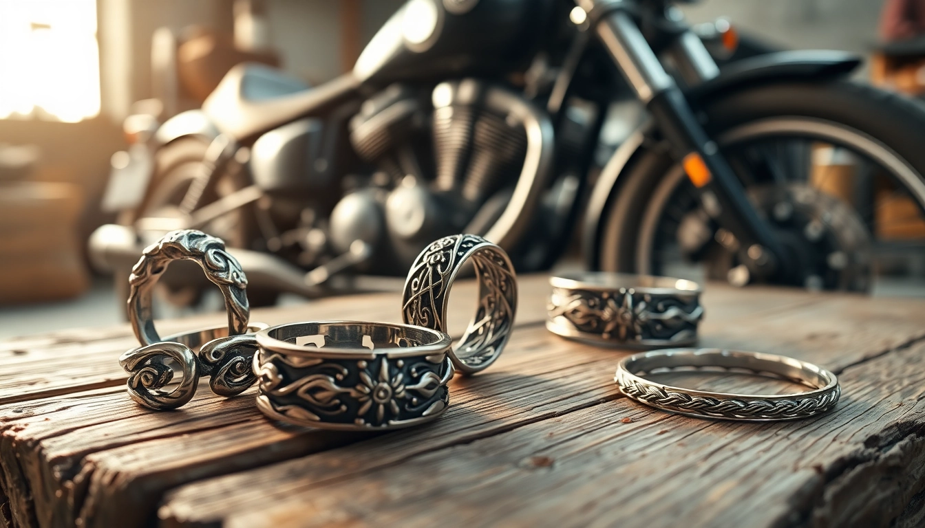Biker jewelry in a stylish display with intricate designs showcased on a rustic table.