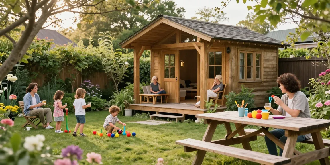 Gartenhäuser in einem einladenden Garten mit spielenden Kindern und einer Familie, die sich entspannt.