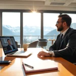 Headhunter Schweiz berät Kandidaten in einem modernen Büro mit Blick auf die Alpen.