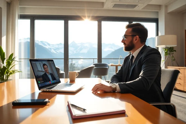 Headhunter Schweiz berät Kandidaten in einem modernen Büro mit Blick auf die Alpen.
