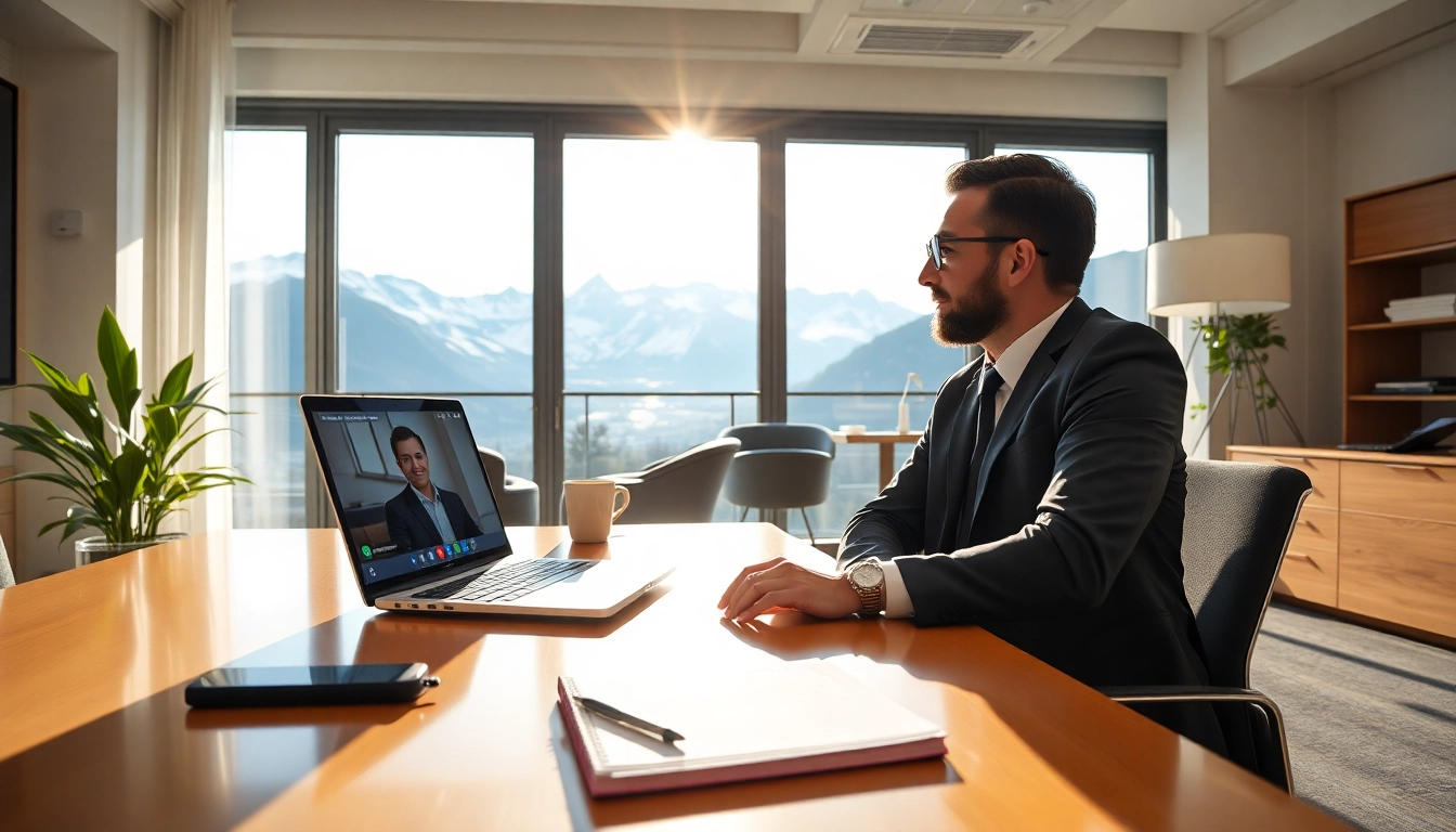 Headhunter Schweiz berät Kandidaten in einem modernen Büro mit Blick auf die Alpen.