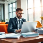 Headhunter Schweiz arbeitet in modernem Büro mit Laptop und Lebensläufen.