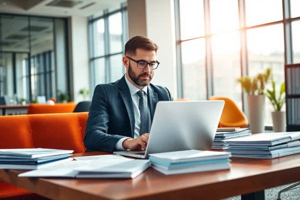 Headhunter Schweiz arbeitet in modernem Büro mit Laptop und Lebensläufen.