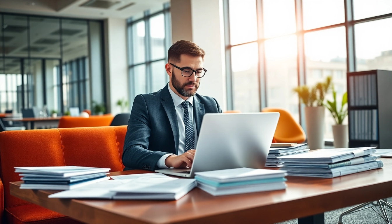 Headhunter Schweiz arbeitet in modernem Büro mit Laptop und Lebensläufen.