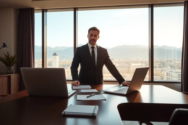 Headhunter Schweiz berät Klienten in modernem Büro mit Blick auf die Alpen.