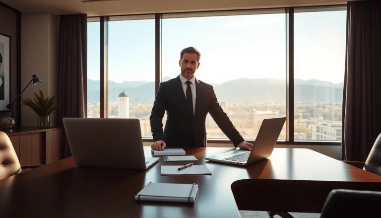 Headhunter Schweiz berät Klienten in modernem Büro mit Blick auf die Alpen.