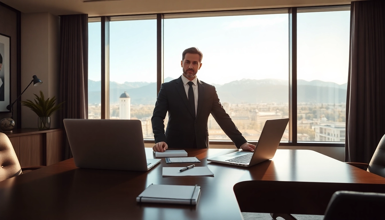 Headhunter Schweiz berät Klienten in modernem Büro mit Blick auf die Alpen.