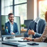 Headhunter IT conducts a video interview in a modern office, showcasing professionalism and connection.
