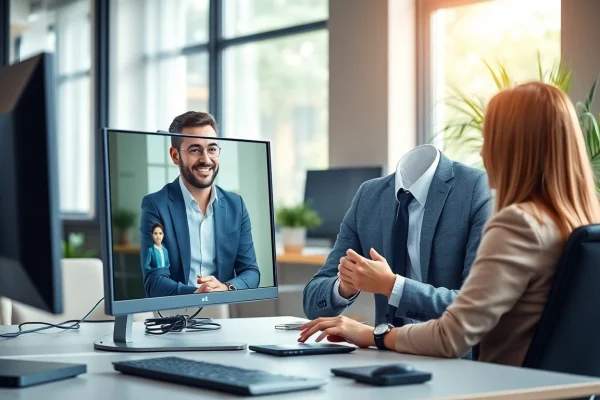 Headhunter IT conducts a video interview in a modern office, showcasing professionalism and connection.
