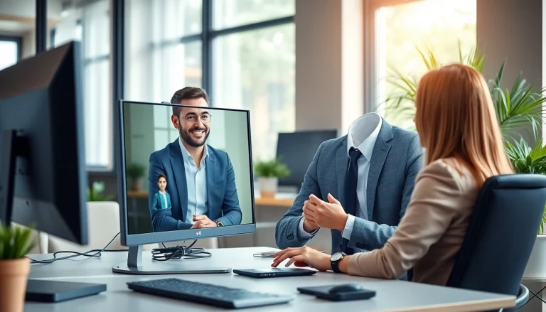 Headhunter IT conducts a video interview in a modern office, showcasing professionalism and connection.