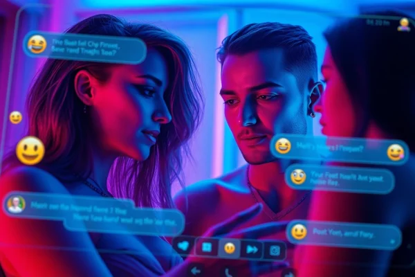Engaging digital nsfw chat interface with vibrant AI characters and interactive elements.