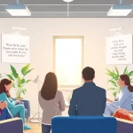 Promote mental health awareness through an engaging discussion among diverse individuals in a calming office.