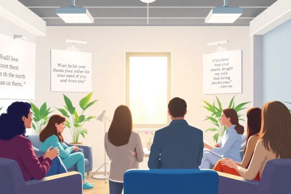 Promote mental health awareness through an engaging discussion among diverse individuals in a calming office.