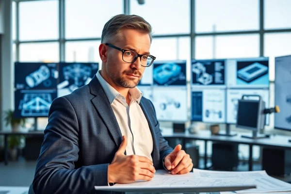 Headhunter Ingenieure analysiert technische Talente in einem modernen Büro mit Blaupausen und digitalen Bildschirmen.