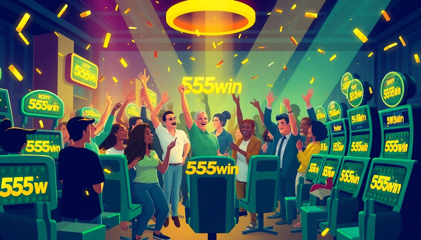 Celebration of a jackpot win at 555win, with diverse players and glowing slot machines.
