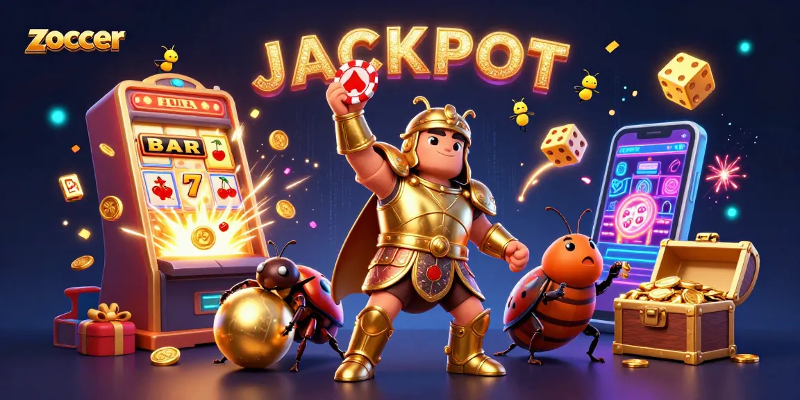 Zoccer showcases a victorious beetle with poker chips and golden treasures amidst dynamic gaming energy.