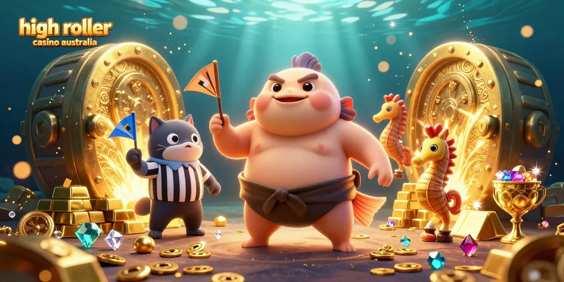 Experience high roller casino Australia with an energetic scene featuring a fugu referee and sparkling treasures.