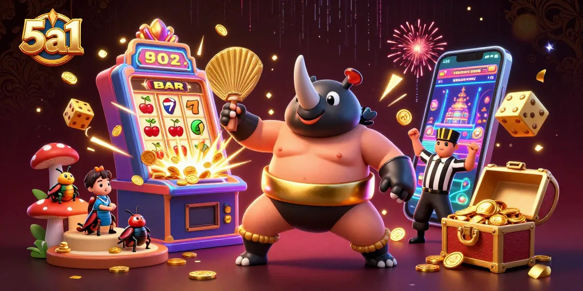5a1 slot game dynamic illustration featuring a beetle champion and golden coins flying.
